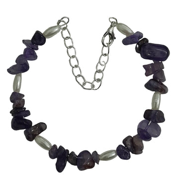 Purple gemstone chip and pearl-style bead bracelet with adjustable silver-tone chain and lobster clasp, natural and elegant design