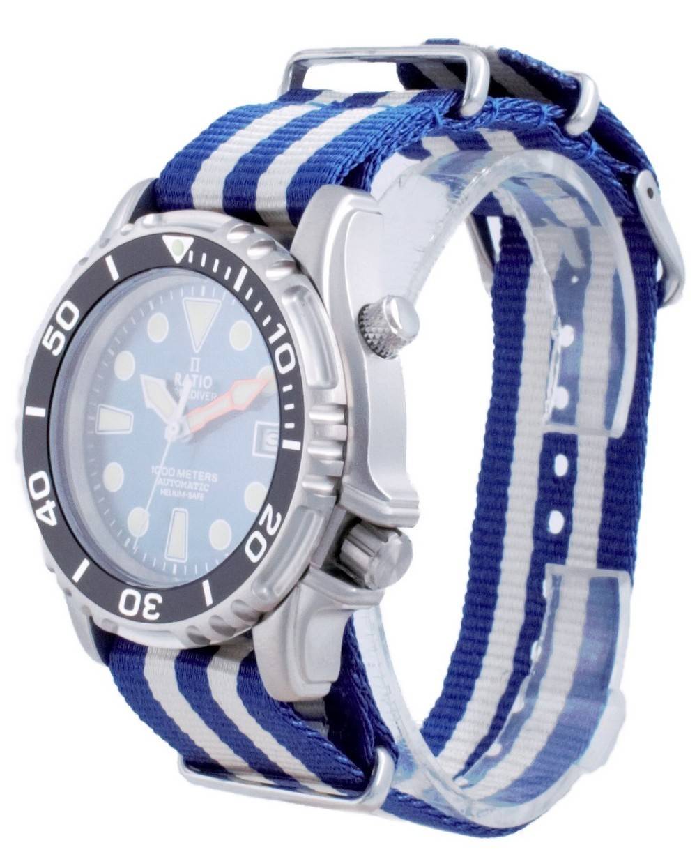 Ratio Free Diver Helium Safe Nylon Automatic Diver's 1066KE20 - 33VA - BLU - var - NATO2 1000M Men's Watch - Prestige Stones