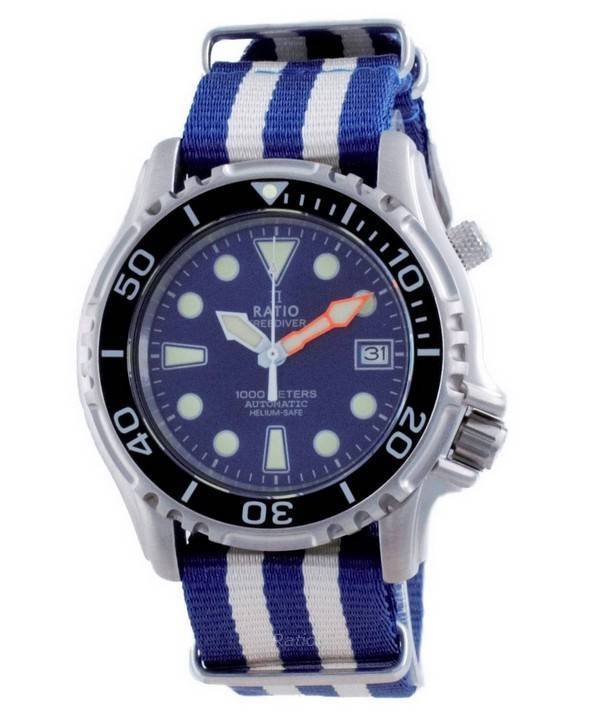 Ratio Free Diver Helium Safe Nylon Automatic Diver's 1066KE20 - 33VA - BLU - var - NATO2 1000M Men's Watch - Prestige Stones