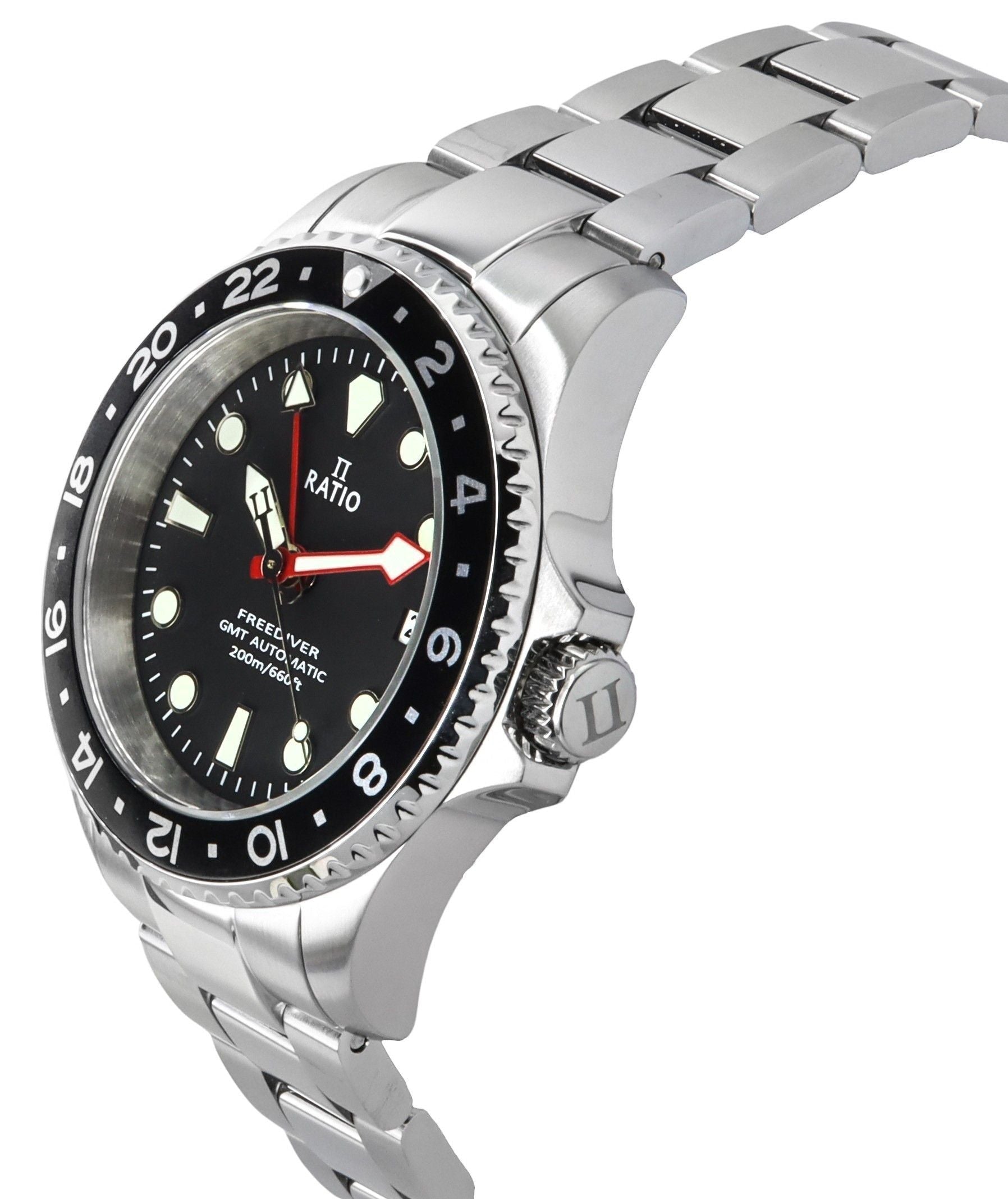Ratio FreeDiver GMT Series Sapphire Stainless Steel Black Dial Automatic RTF051 200M Men's Watch - Prestige Stones