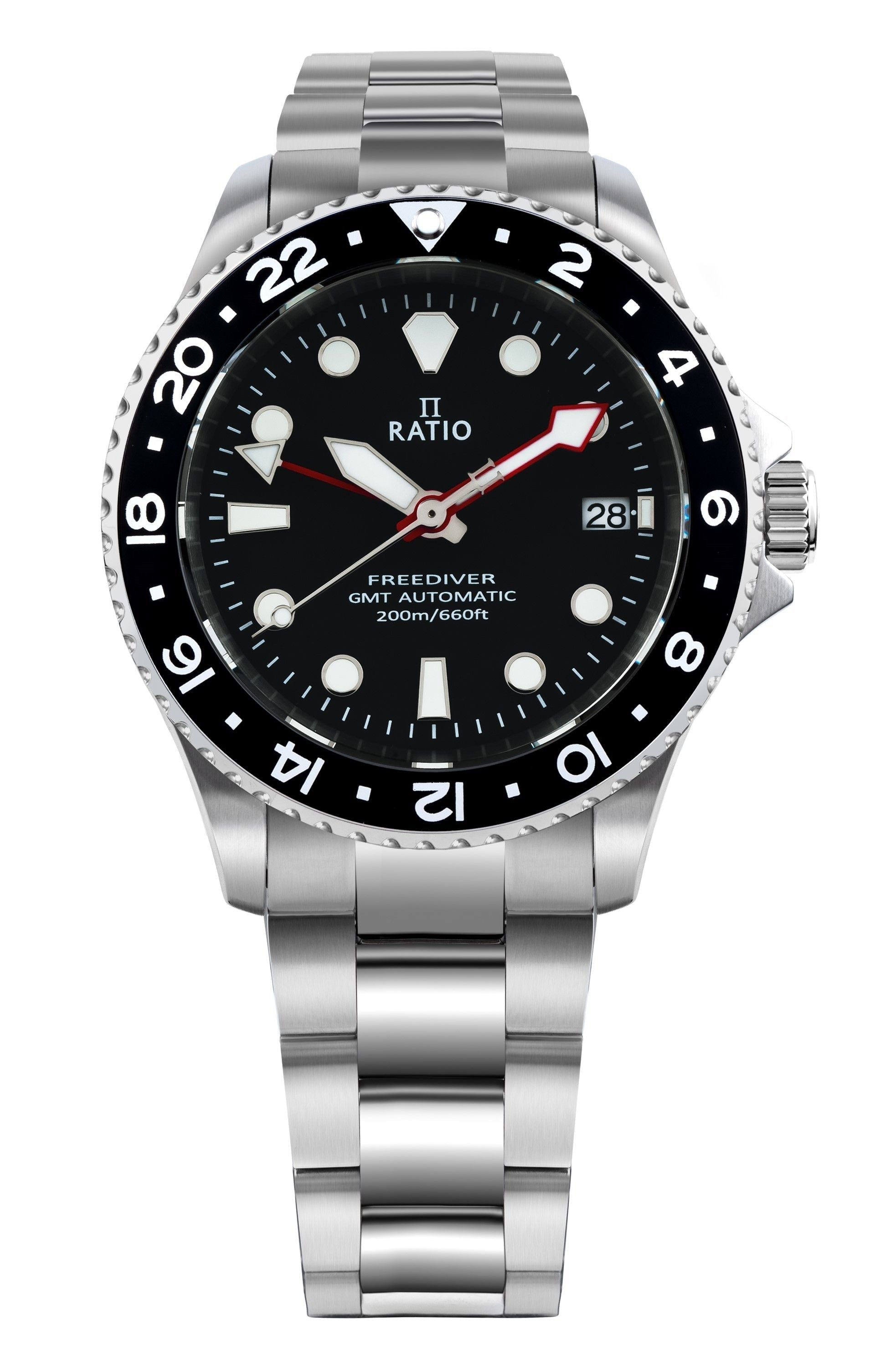Ratio FreeDiver GMT Series Sapphire Stainless Steel Black Dial Automatic RTF051 200M Men's Watch - Prestige Stones