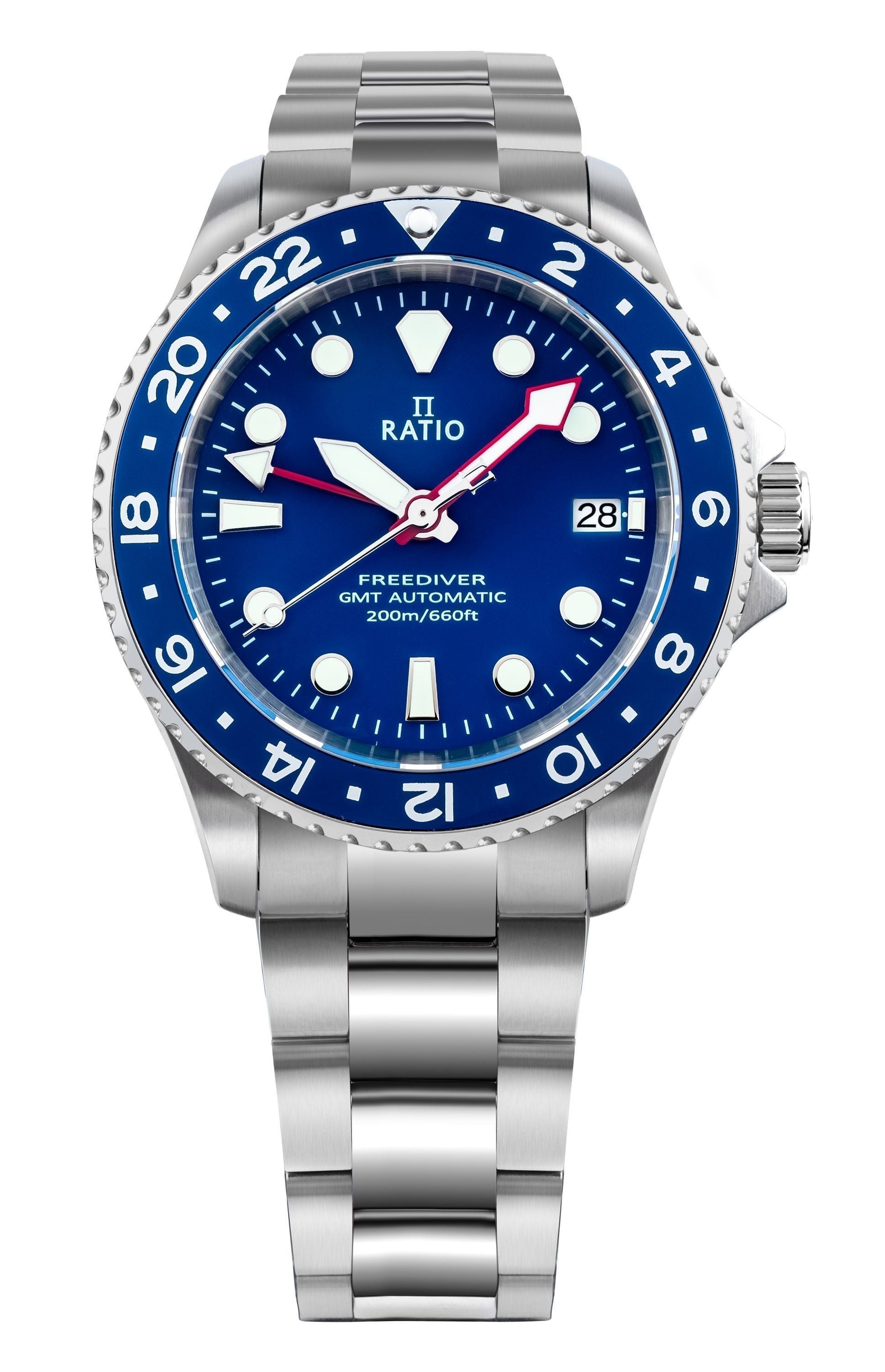 Ratio FreeDiver GMT Series Sapphire Stainless Steel Blue Dial Automatic RTF053 200M Men's Watch - Prestige Stones