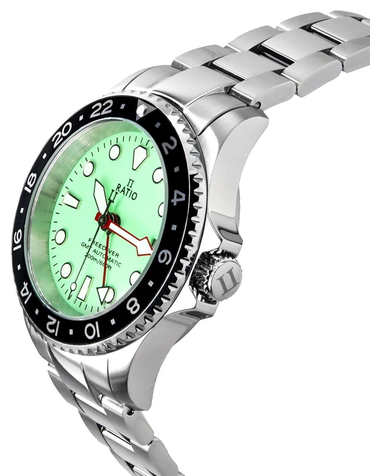 Ratio FreeDiver GMT Series Sapphire Stainless Steel Green Dial Automatic RTF059 200M Men's Watch - Prestige Stones