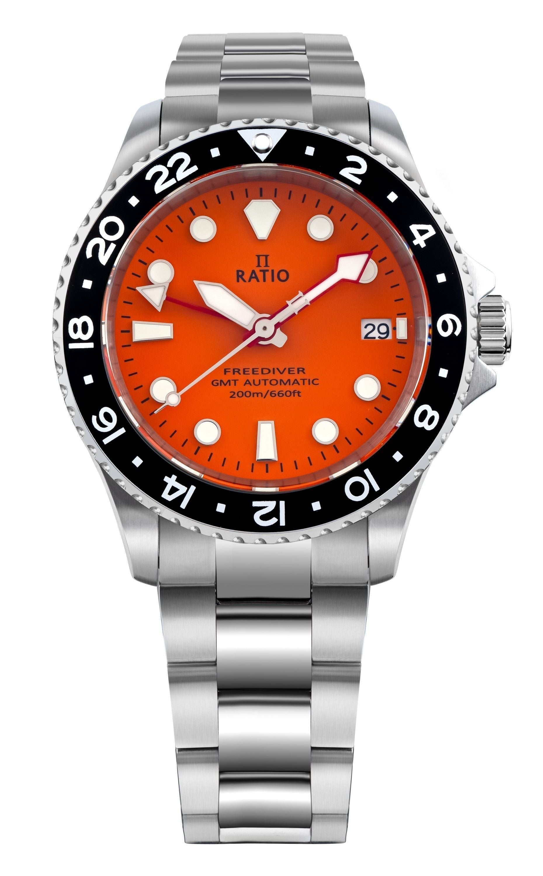 Ratio FreeDiver GMT Series Sapphire Stainless Steel Orange Dial Automatic RTF055 200M Men's Watch - Prestige Stones