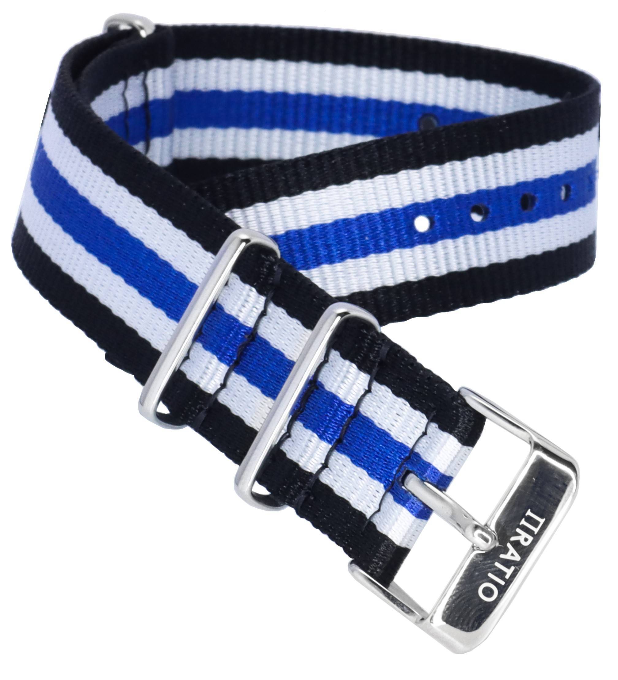 Ratio NATOR06 Multicolor Black White And Blue 20mm Polyester Watch Strap - Prestige Stones
