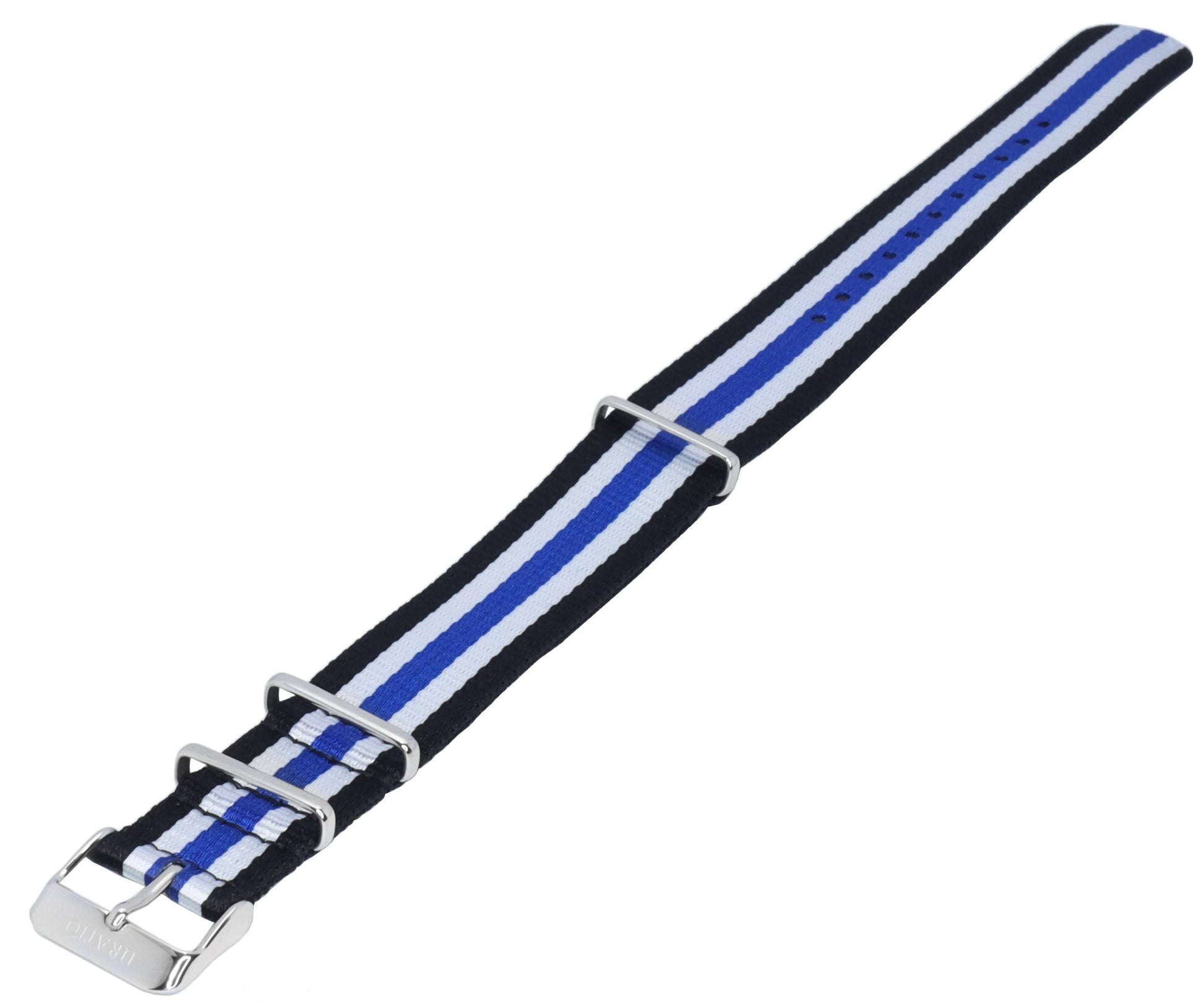 Ratio NATOR06 Multicolor Black White And Blue 20mm Polyester Watch Strap - Prestige Stones