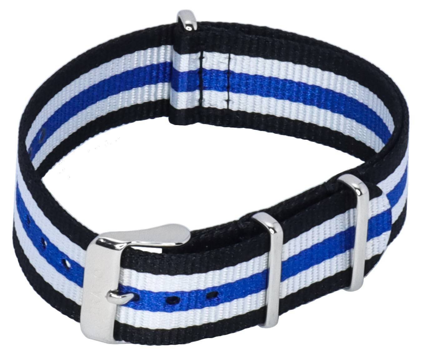 Ratio NATOR06 Multicolor Black White And Blue 20mm Polyester Watch Strap - Prestige Stones