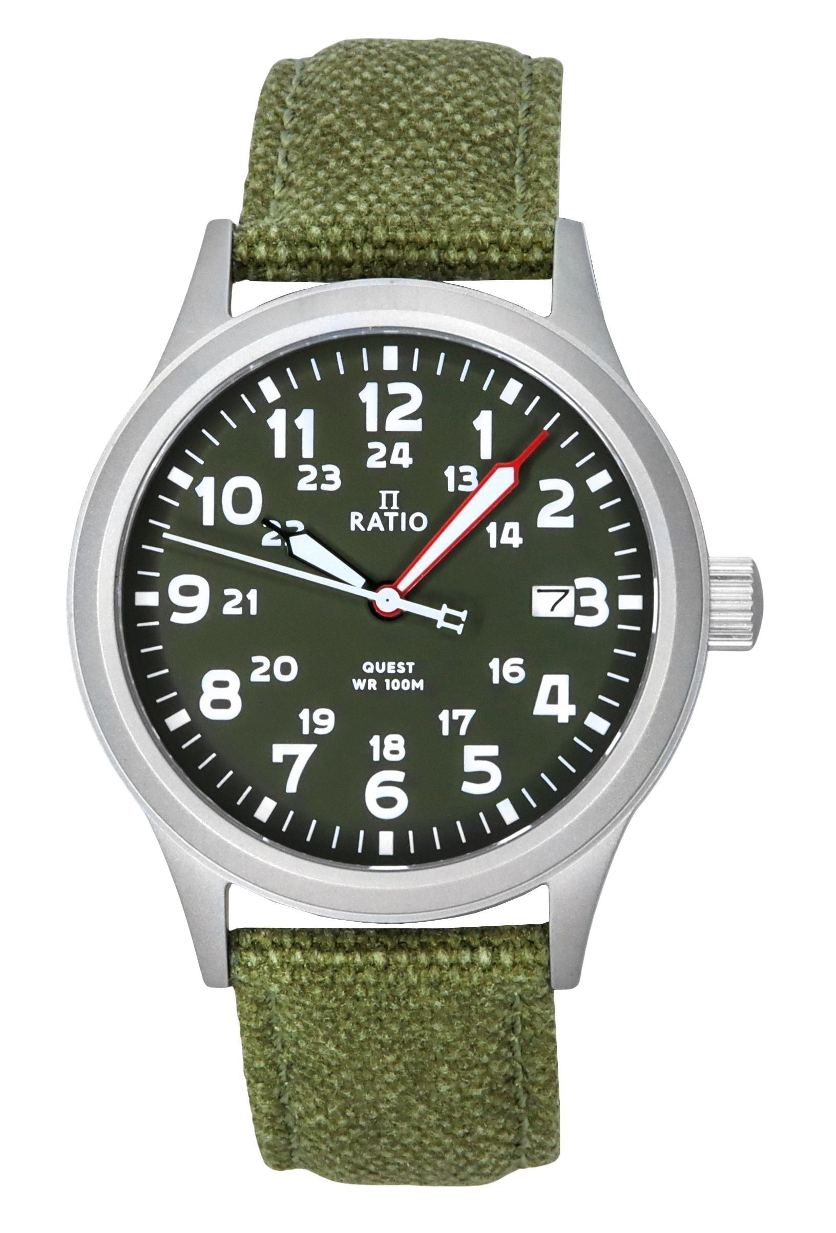 Ratio Quest Men's Field Watch Sapphire Canvas Strap Khaki Green Dial Quartz RTQ029 100M Lewis And Clark Edition - Prestige Stones