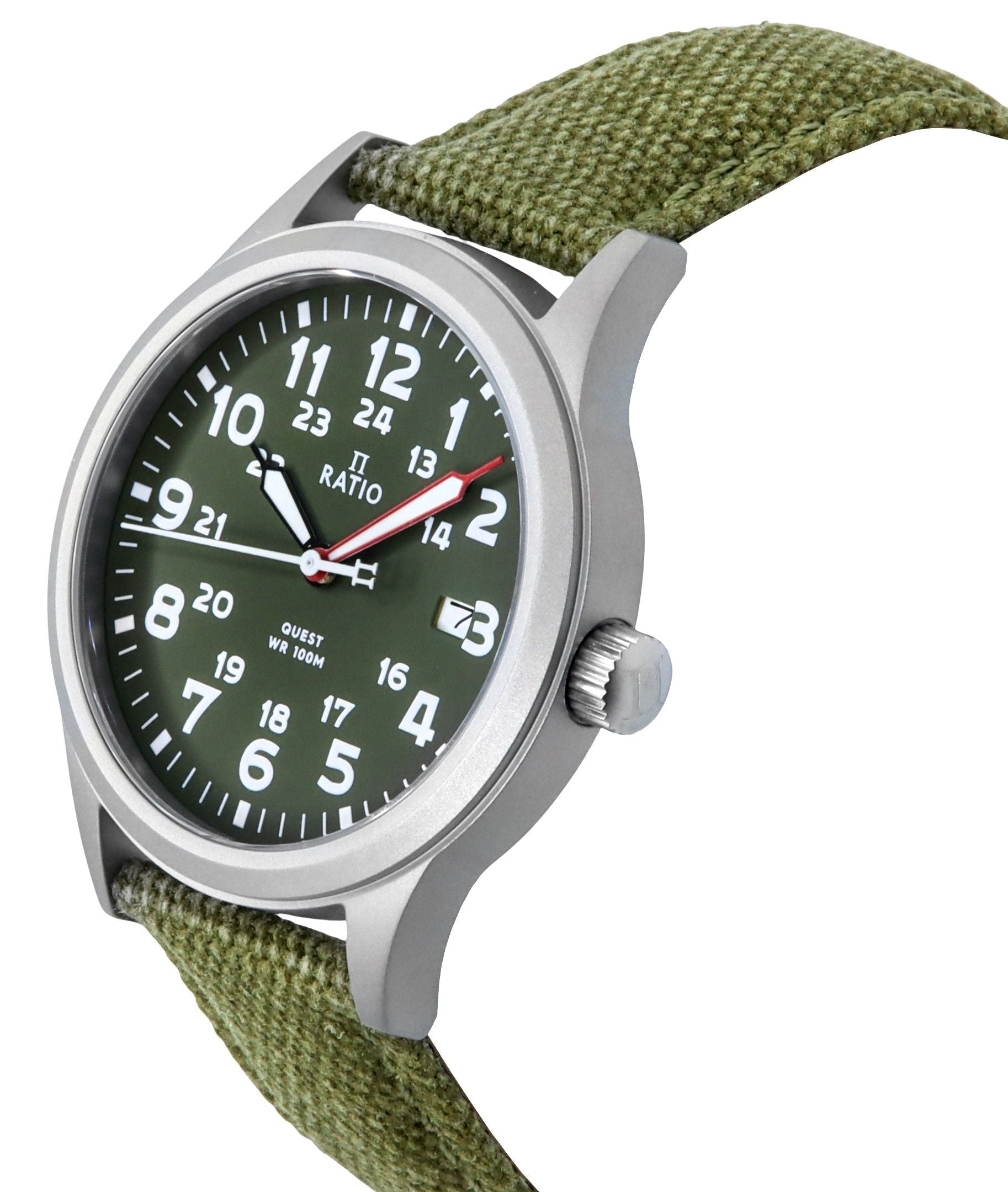 Ratio Quest Men's Field Watch Sapphire Canvas Strap Khaki Green Dial Quartz RTQ029 100M Lewis And Clark Edition - Prestige Stones