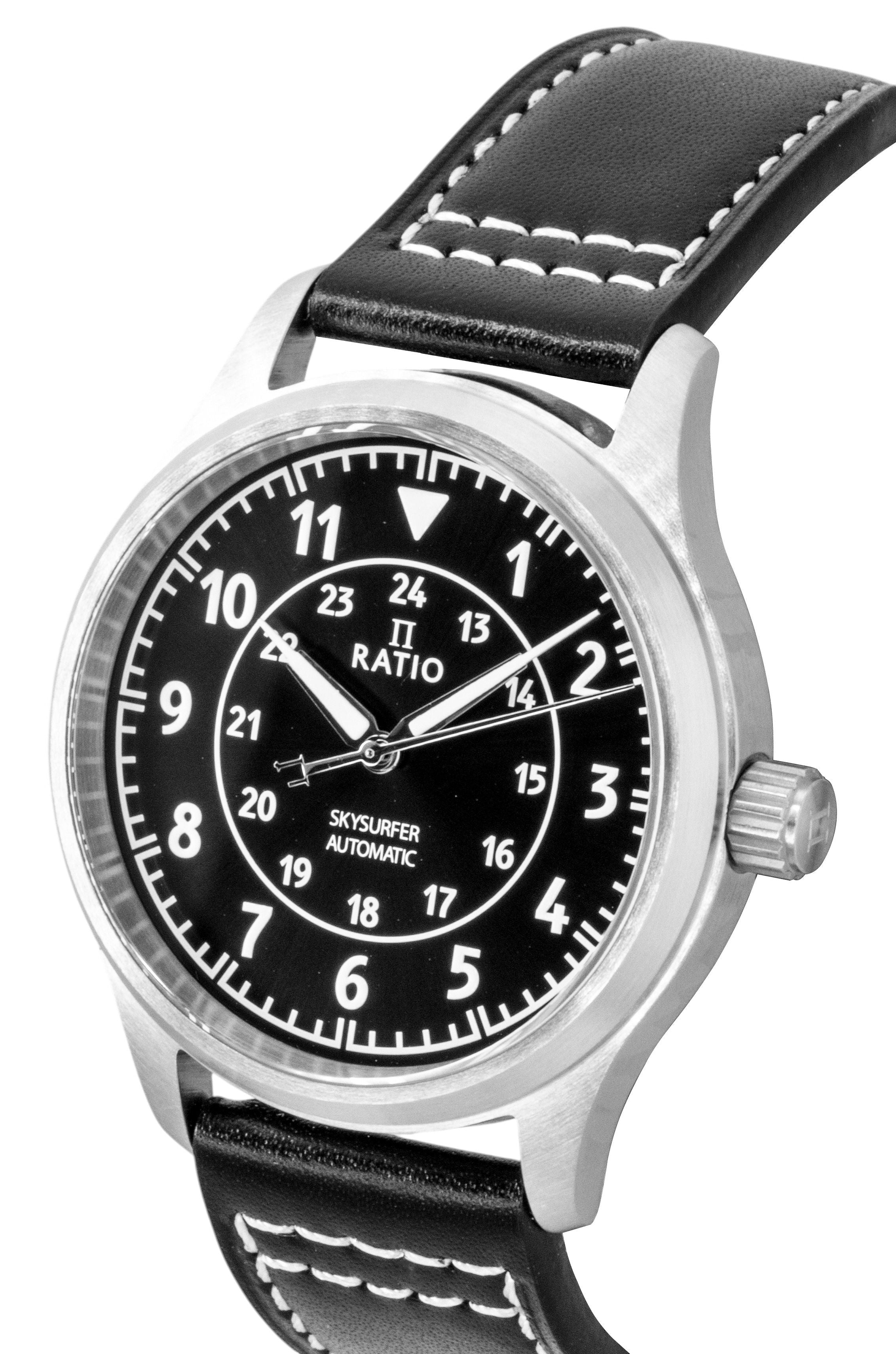 Ratio Skysurfer Pilot Black Sunray Dial Leather Automatic RTS314 200M Men's Watch - Prestige Stones