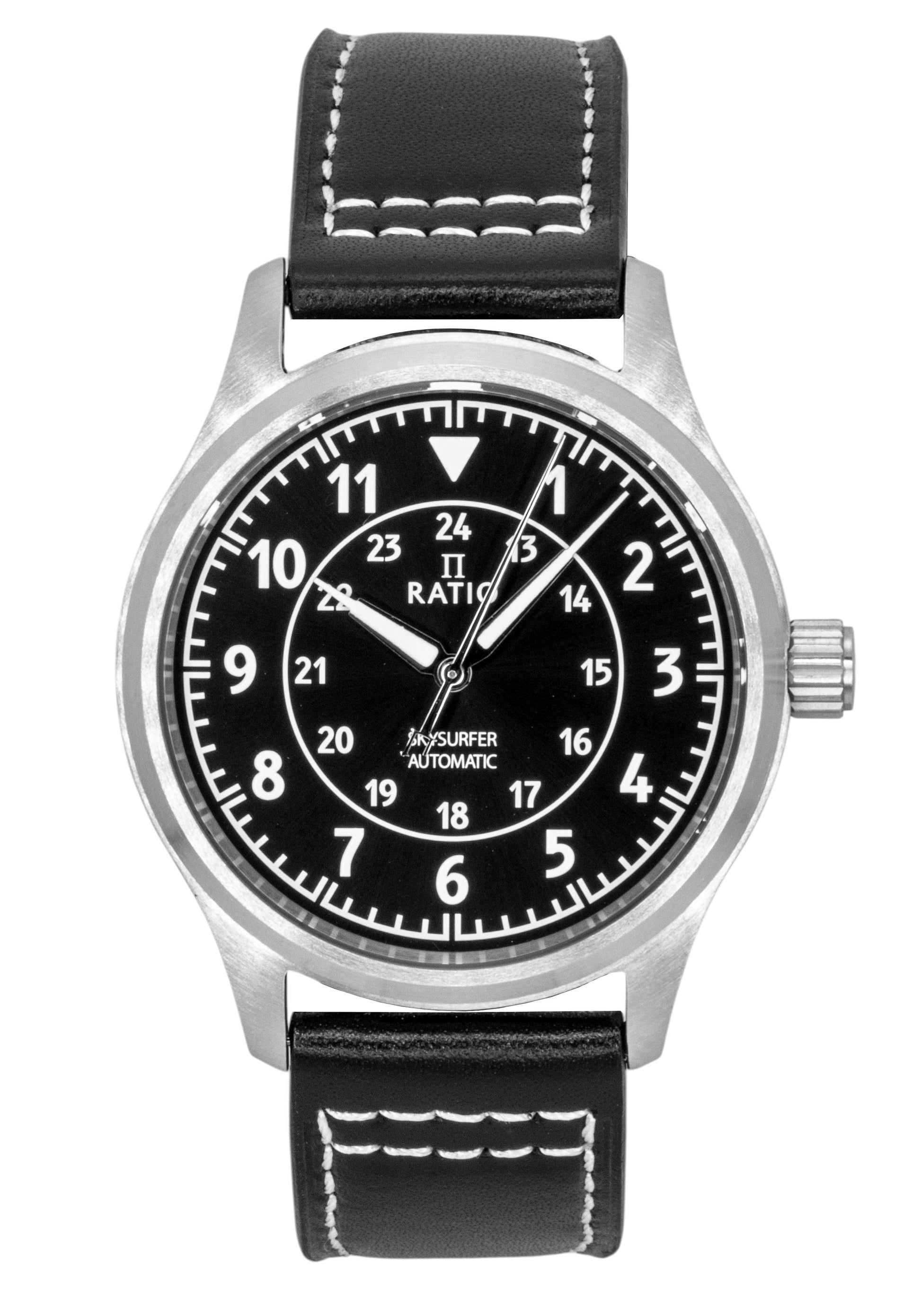 Ratio Skysurfer Pilot Black Sunray Dial Leather Automatic RTS314 200M Men's Watch - Prestige Stones