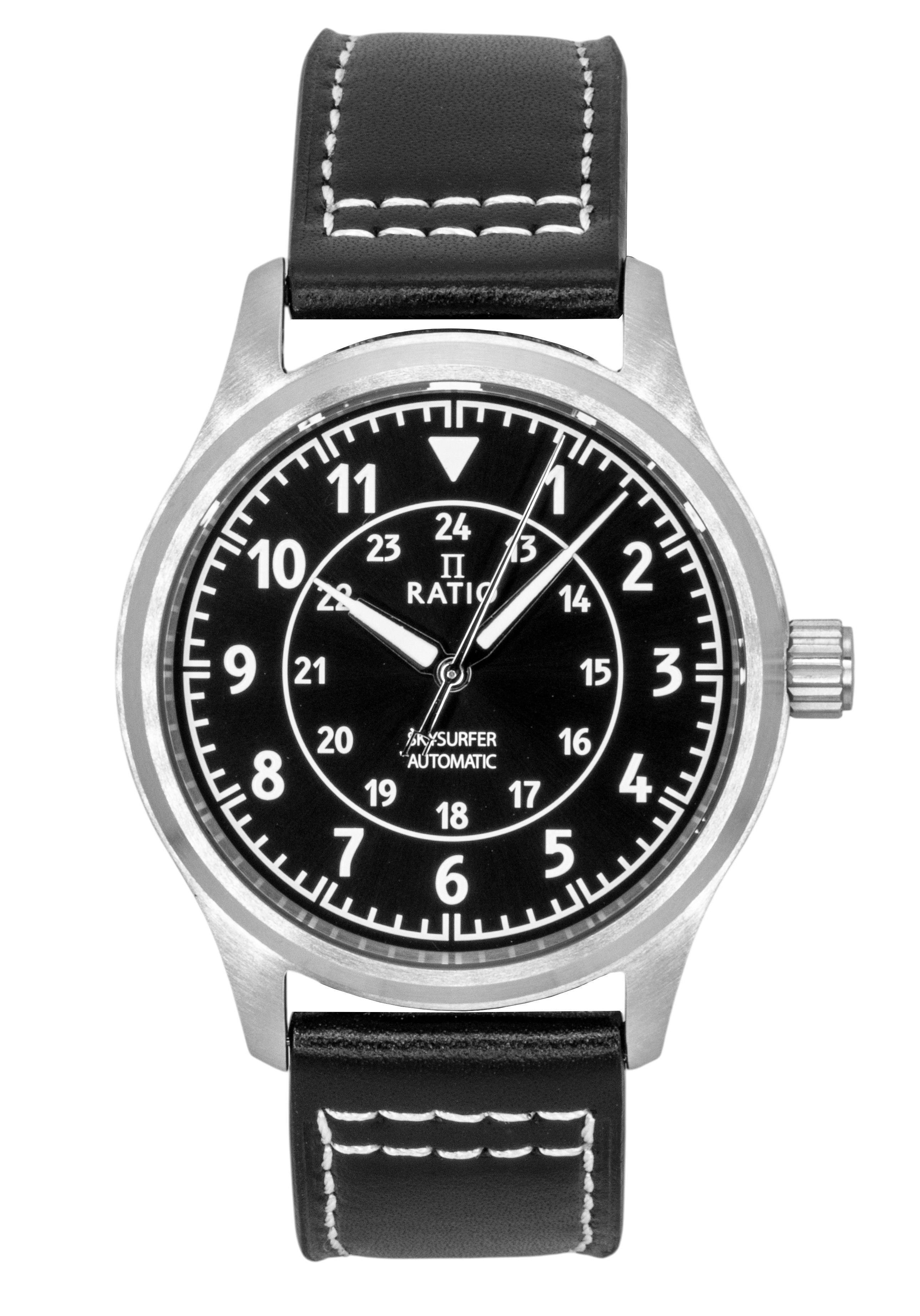 Ratio Skysurfer Pilot Black Sunray Dial Leather Automatic RTS314 200M Men's Watch - Prestige Stones