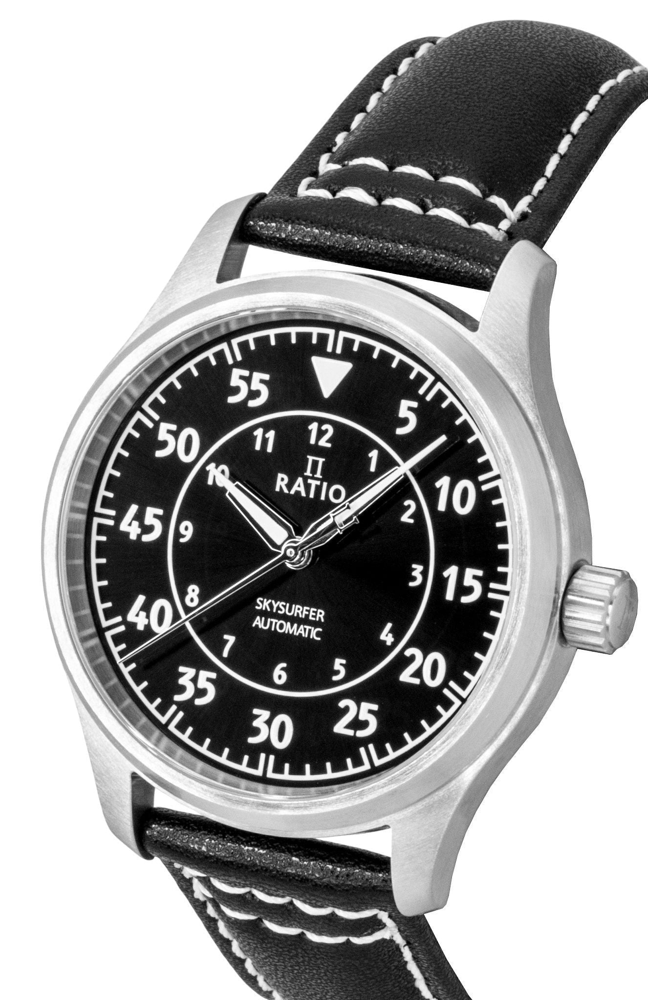 Ratio Skysurfer Pilot Black Sunray Dial Leather Automatic RTS321 200M Men's Watch - Prestige Stones