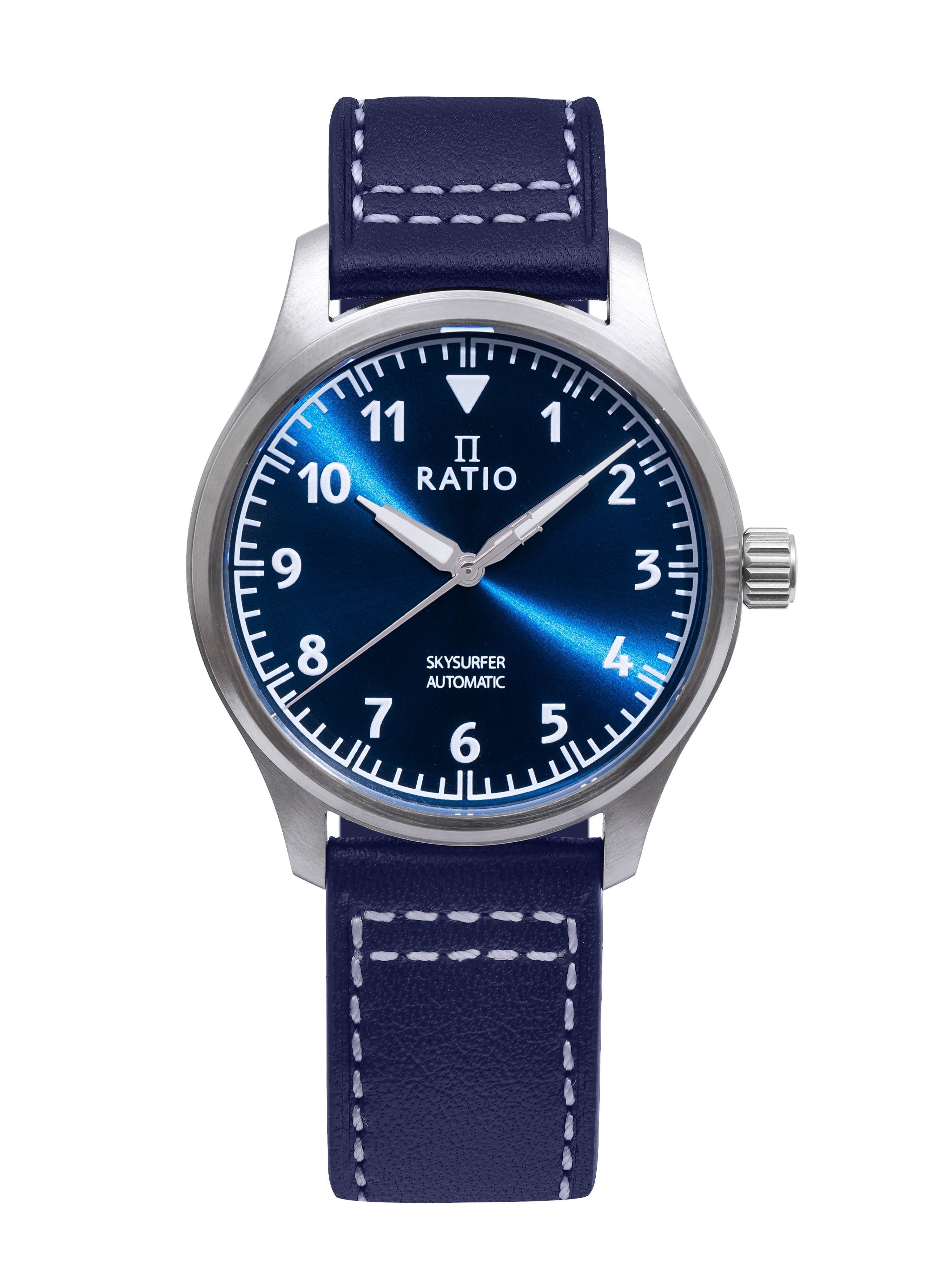 Ratio Skysurfer Pilot Blue Sunray Dial Leather Automatic RTS302 200M Men's Watch - Prestige Stones