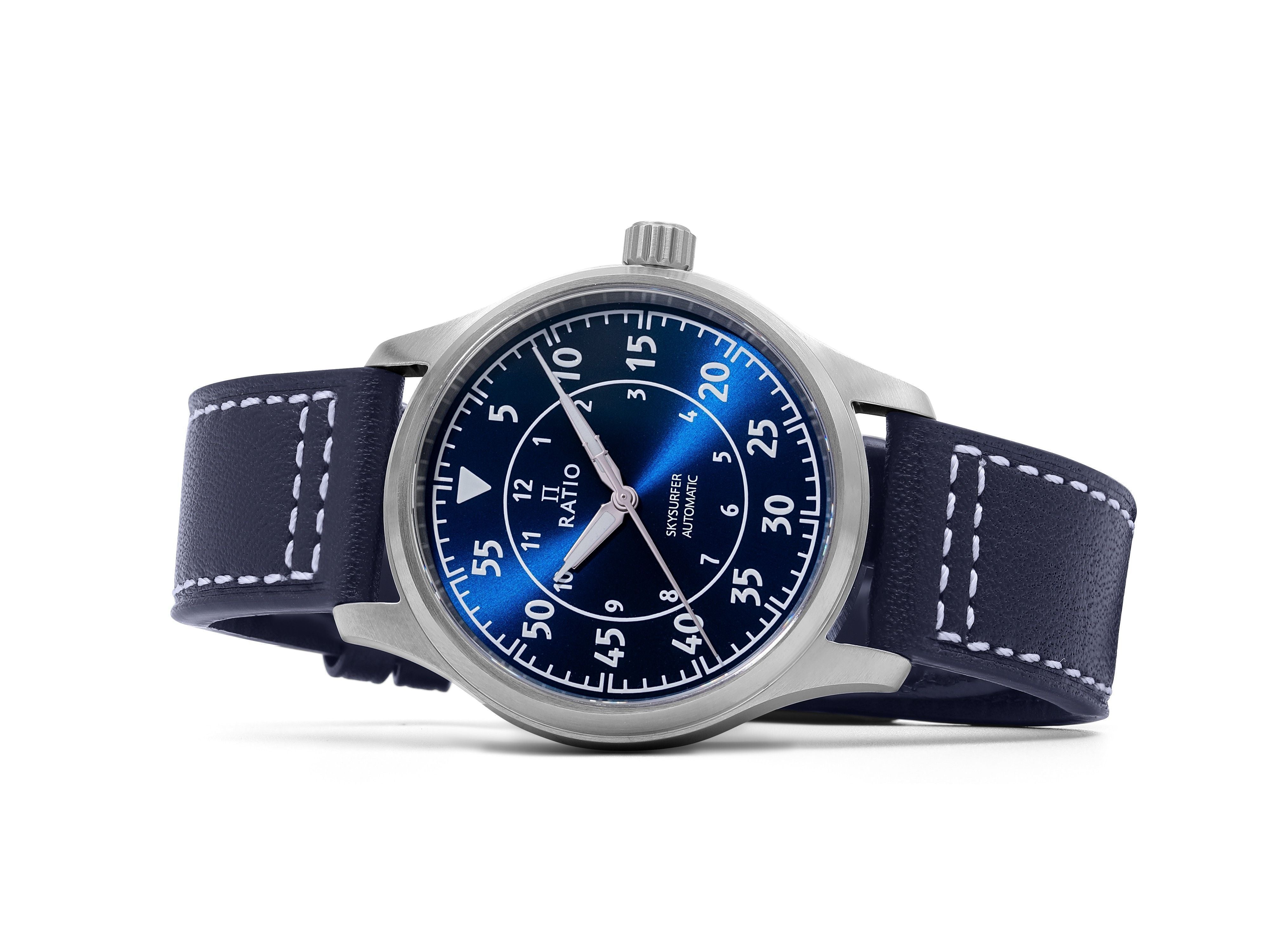 Ratio Skysurfer Pilot Blue Sunray Dial Leather Automatic RTS318 200M Men's Watch - Prestige Stones