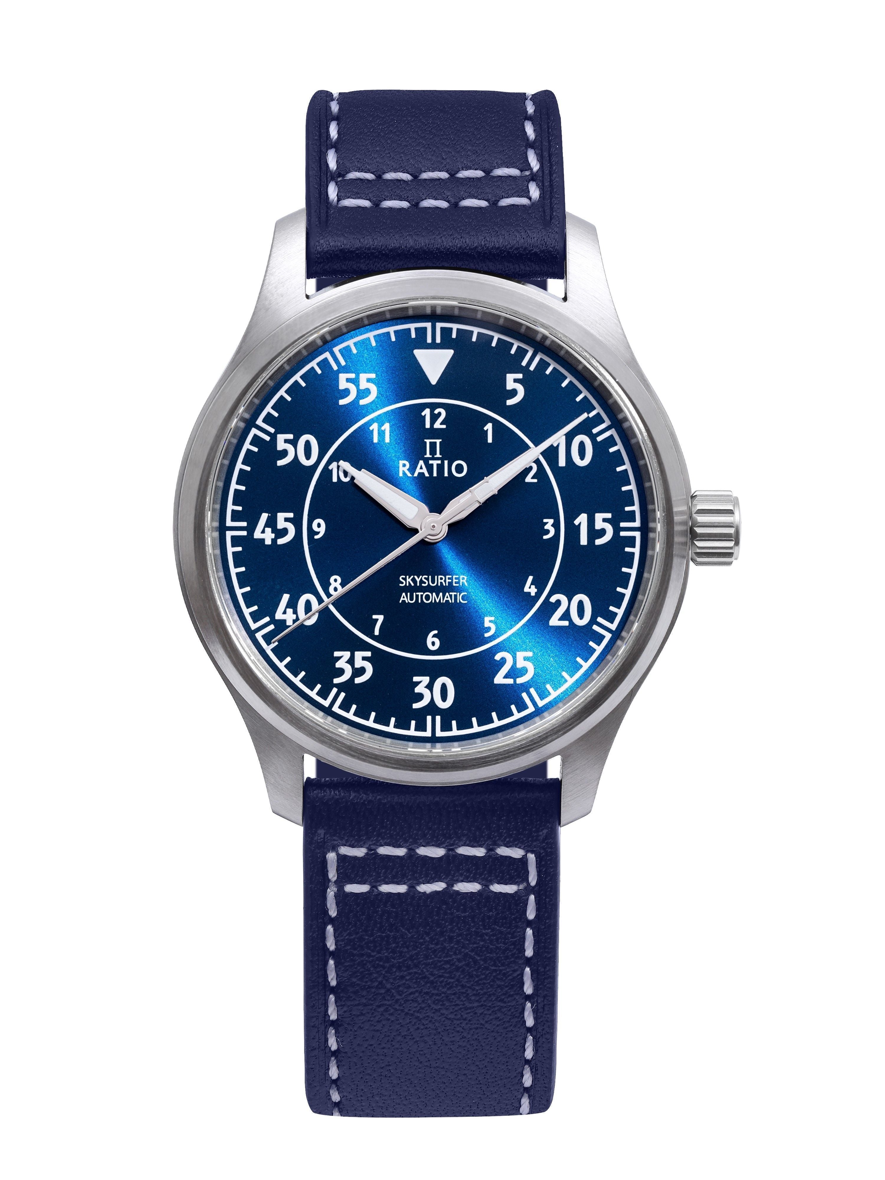 Ratio Skysurfer Pilot Blue Sunray Dial Leather Automatic RTS318 200M Men's Watch - Prestige Stones