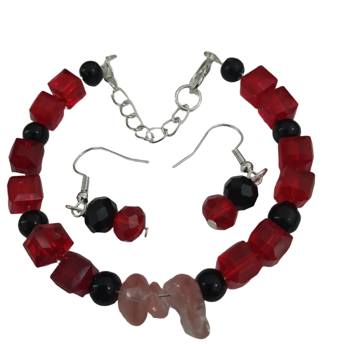 Coordinated jewellery set with red faceted cubes, black glossy round beads, pink chip beads, adjustable bracelet, and matching earrings