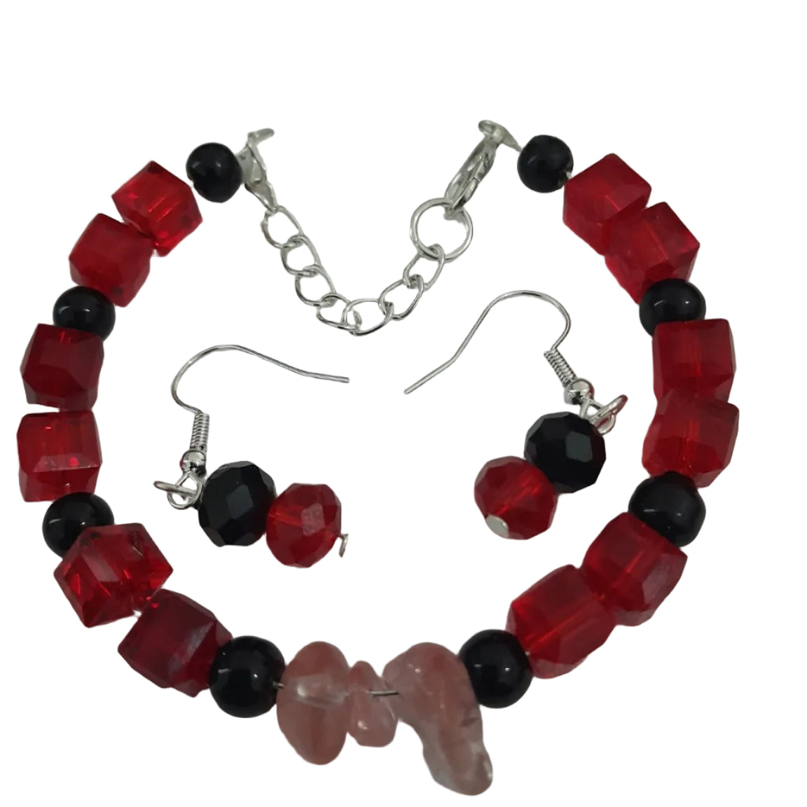 Coordinated jewellery set with red faceted cubes, black glossy round beads, pink chip beads, adjustable bracelet, and matching earrings