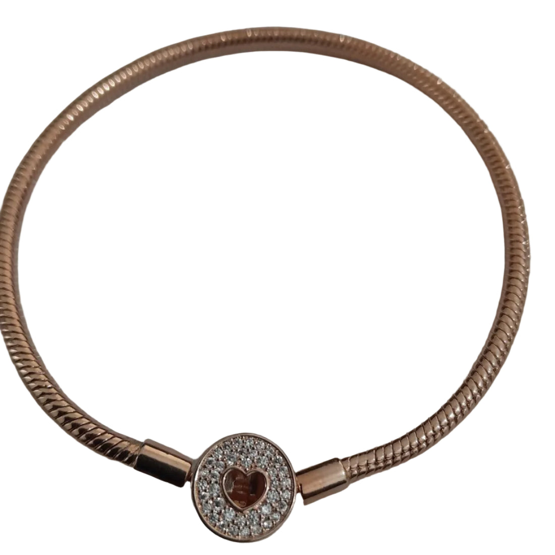 Rose-gold plated snake chain bracelet with pavé-set round heart clasp, smooth and flexible design for charms or standalone wear