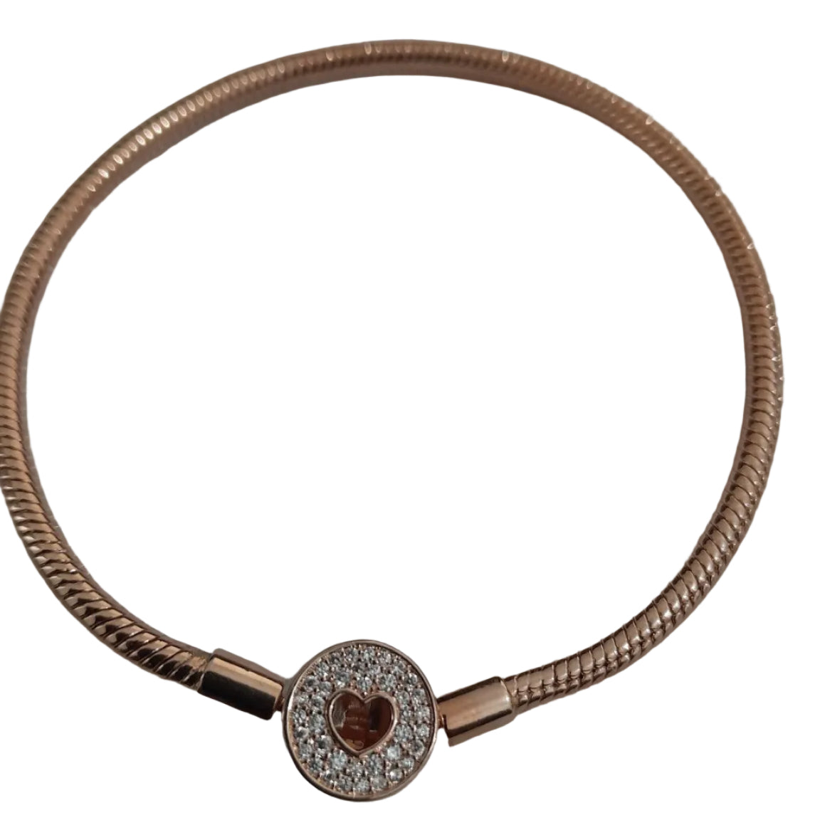 Rose-gold plated snake chain bracelet with pavé-set round heart clasp, smooth and flexible design for charms or standalone wear