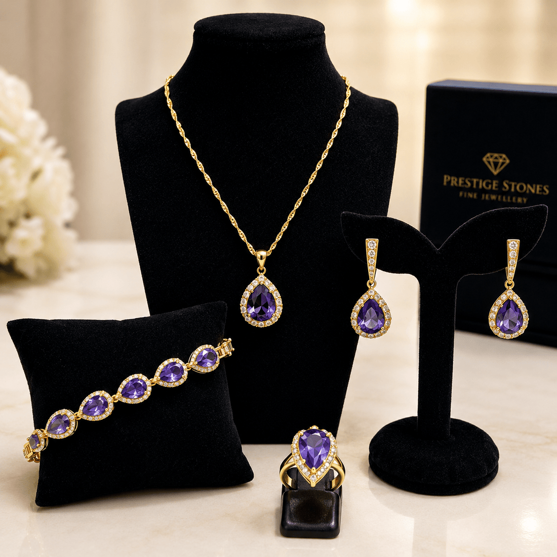 Royal Purple Crystal Jewellery Collection – Necklace, Earrings, Bracelet & Ring Set - Prestige Stones