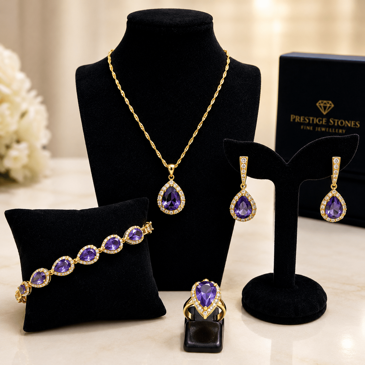Royal Purple Crystal Jewellery Collection – Necklace, Earrings, Bracelet & Ring Set - Prestige Stones