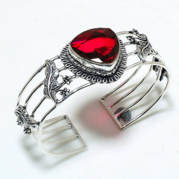 Handcrafted .925 sterling silver cuff with lab-created rubellite tourmaline gemstone – adjustable ethnic-inspired design