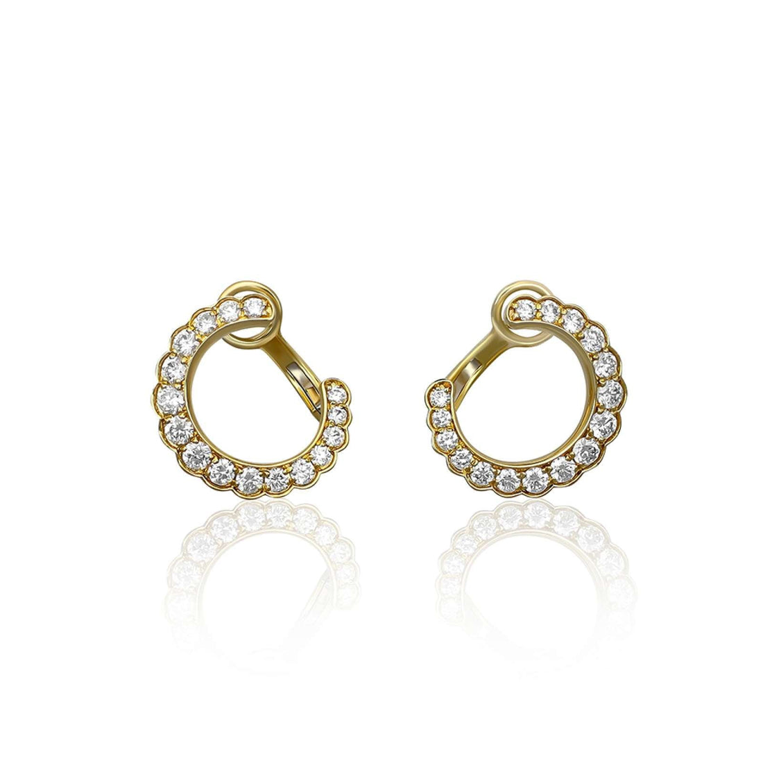 Scalloped edge round diamond huggie earrings 1.04ct in 14ct / 18ct gold, rubover grain setting, hinged hoops, yellow or white gold