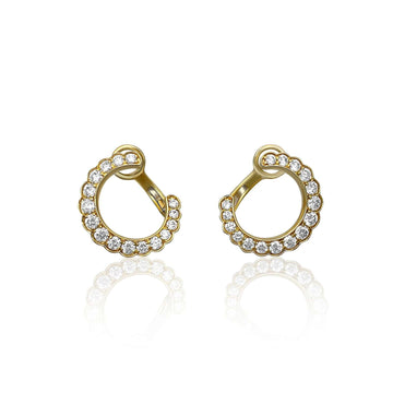 Scalloped edge round diamond huggie earrings 1.04ct in 14ct / 18ct gold, rubover grain setting, hinged hoops, yellow or white gold