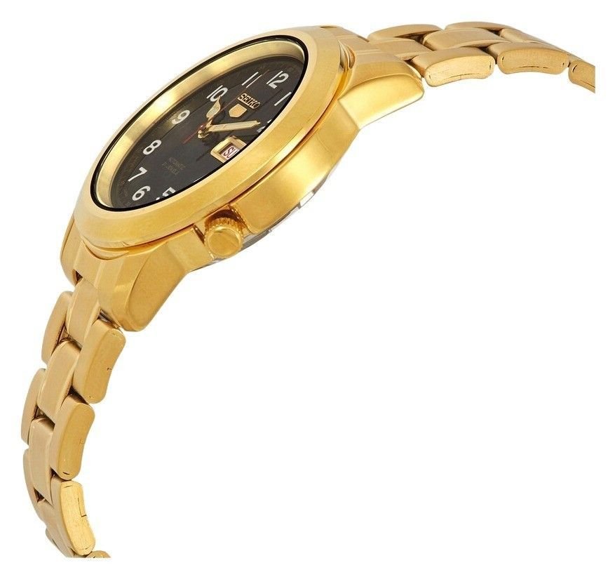 Seiko 5 Gold Tone Stainless Steel Black Dial 21 Jewels Automatic SNKK40J1 Men's Watch - Prestige Stones