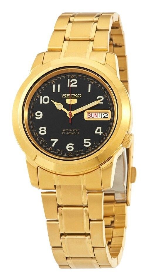 Seiko 5 Gold Tone Stainless Steel Black Dial 21 Jewels Automatic SNKK40J1 Men's Watch - Prestige Stones