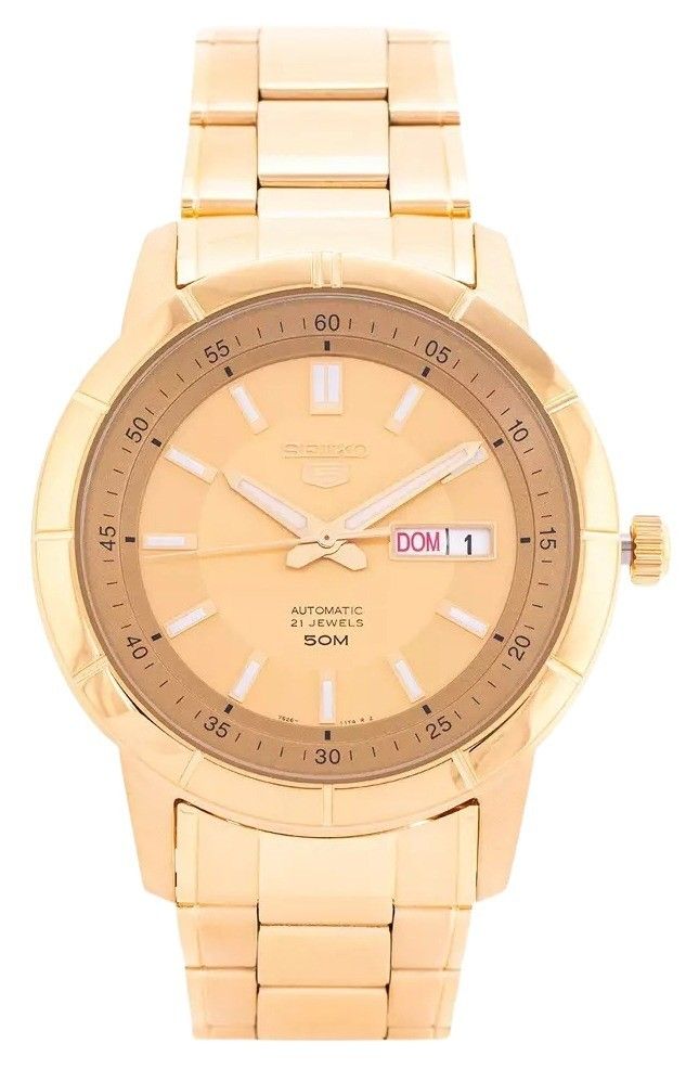 Seiko 5 Gold Tone Stainless Steel Gold Dial 21 Jewels Automatic SNKN62K1 Men's Watch - Prestige Stones