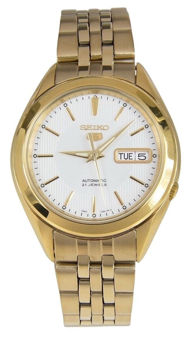 Seiko 5 Gold Tone Stainless Steel White Dial 21 Jewels Automatic SNKL26K1 Men's Watch - Prestige Stones