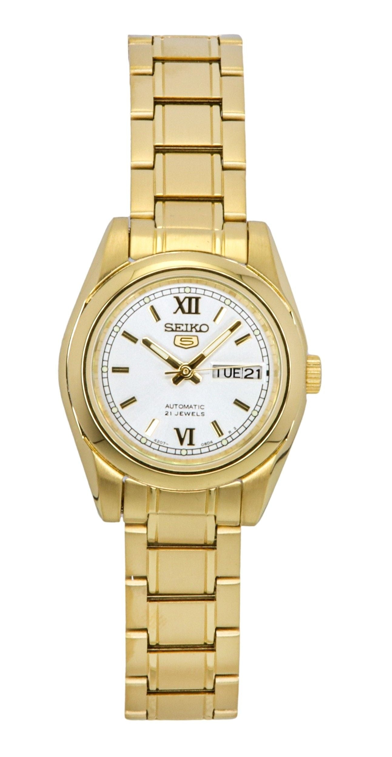 Seiko 5 Gold Tone Stainless Steel White Dial Automatic SYMK30K1 Women's Watch - Prestige Stones
