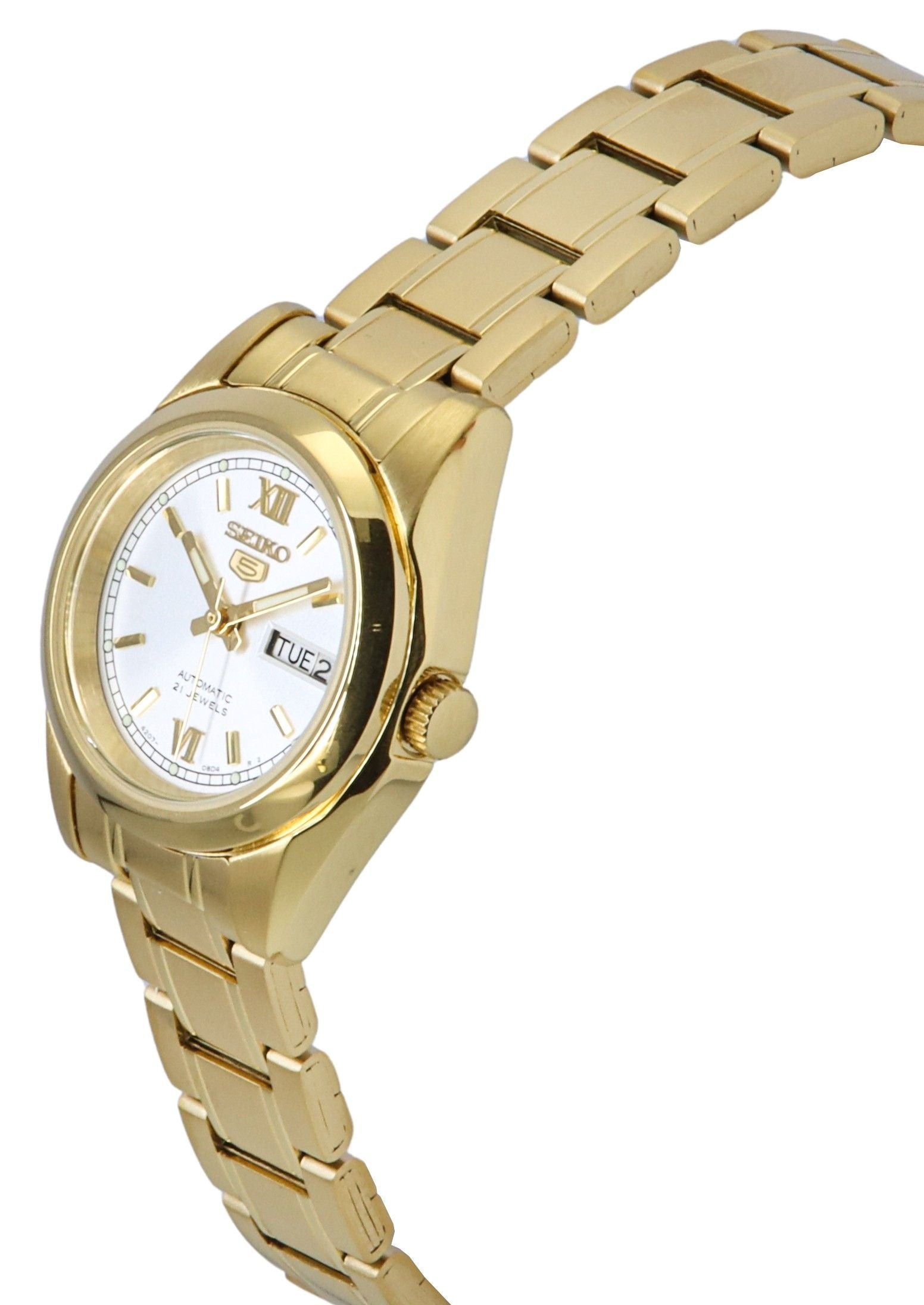 Seiko 5 Gold Tone Stainless Steel White Dial Automatic SYMK30K1 Women's Watch - Prestige Stones
