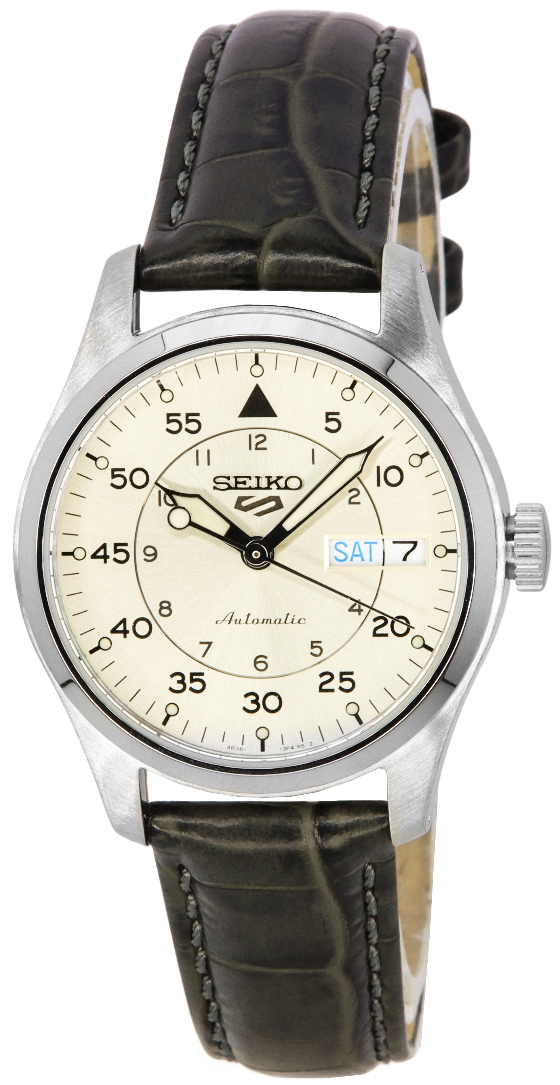 Seiko 5 Sports GMT Champagne Flieger Suit Style Leather Strap Automatic SRPJ87K1 100M Men's Watch - Prestige Stones