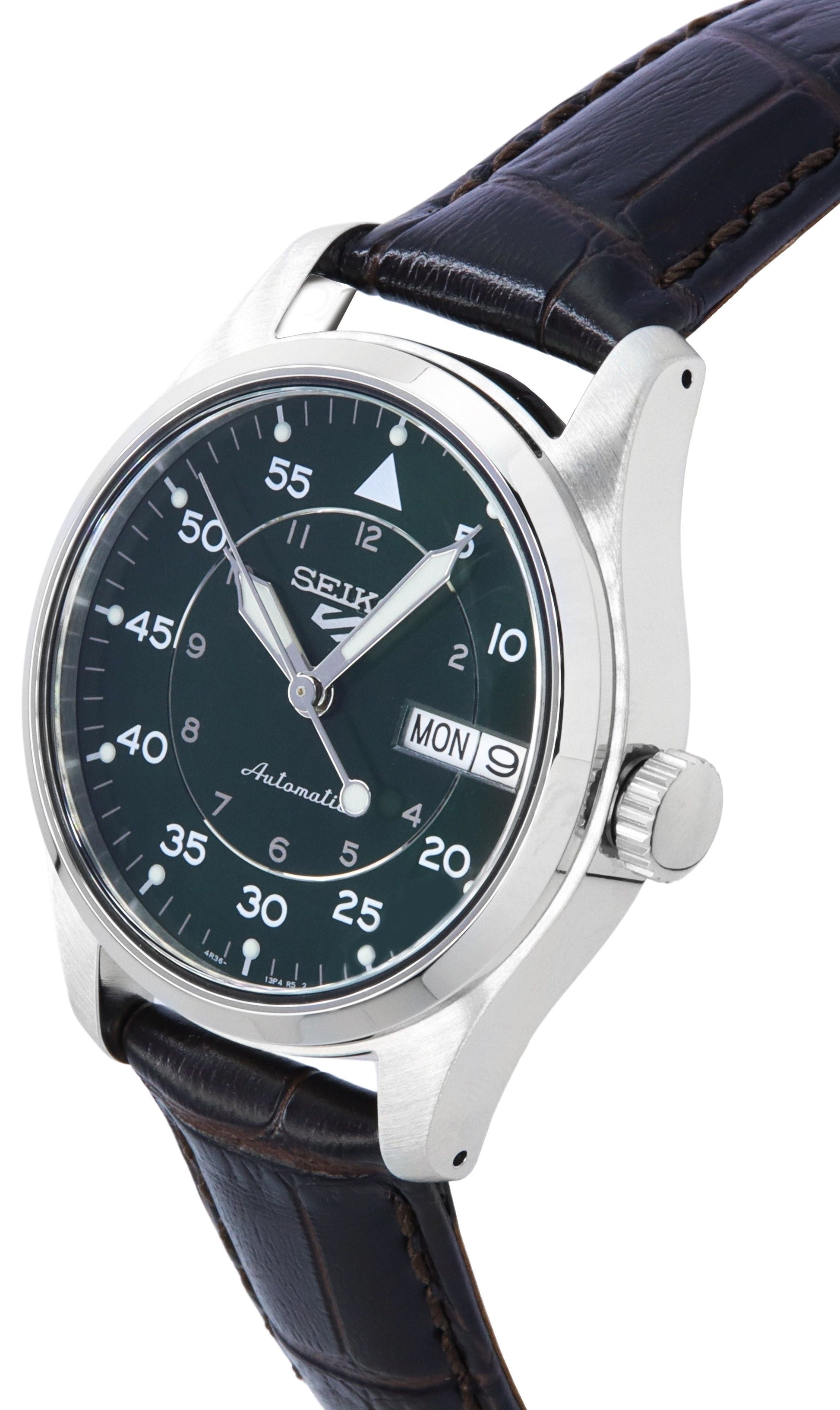 Seiko 5 Sports GMT Kelly Green Flieger Suit Style Leather Strap Automatic SRPJ89K1 100M Men's Watch - Prestige Stones