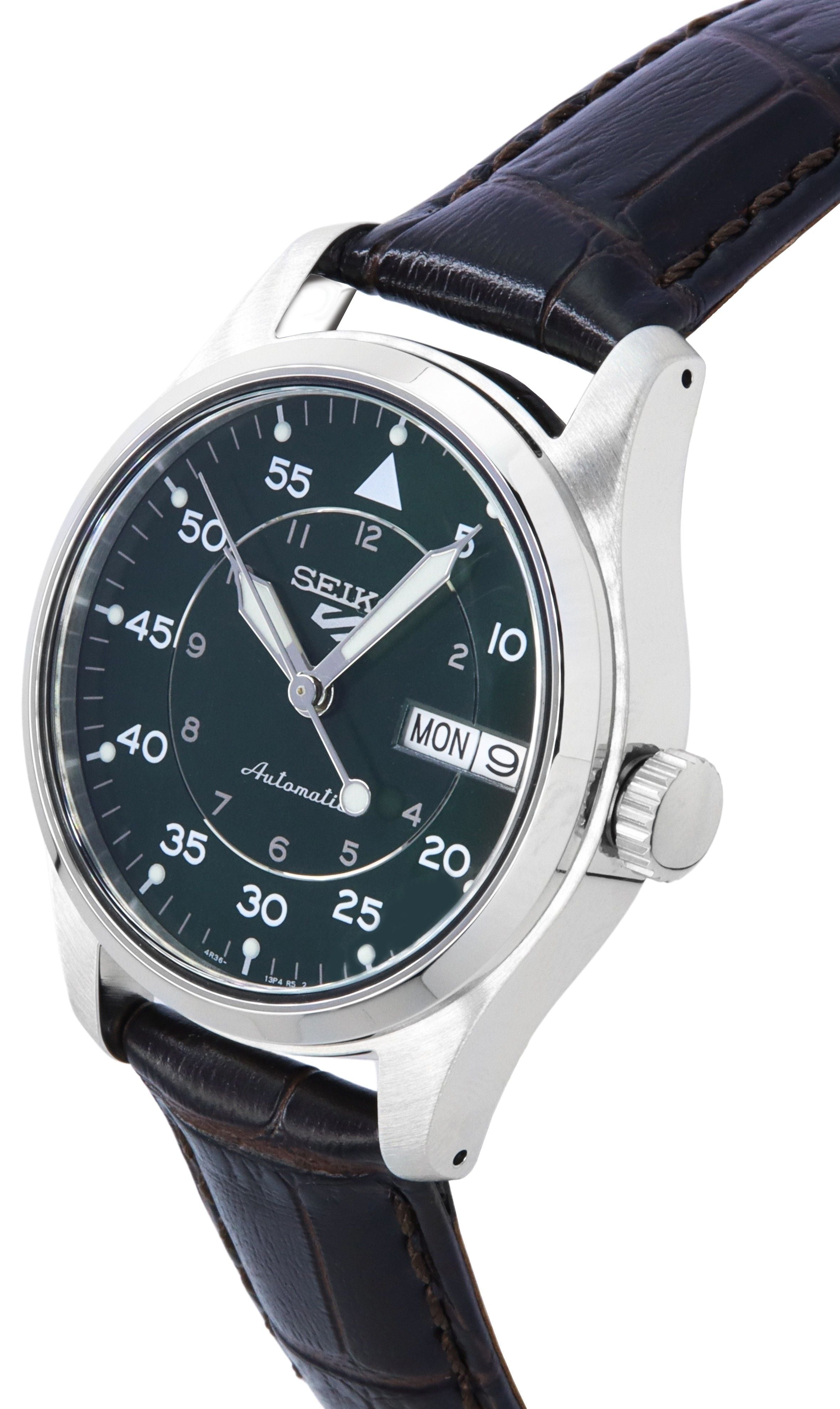 Seiko 5 Sports GMT Kelly Green Flieger Suit Style Leather Strap Automatic SRPJ89K1 100M Men's Watch - Prestige Stones