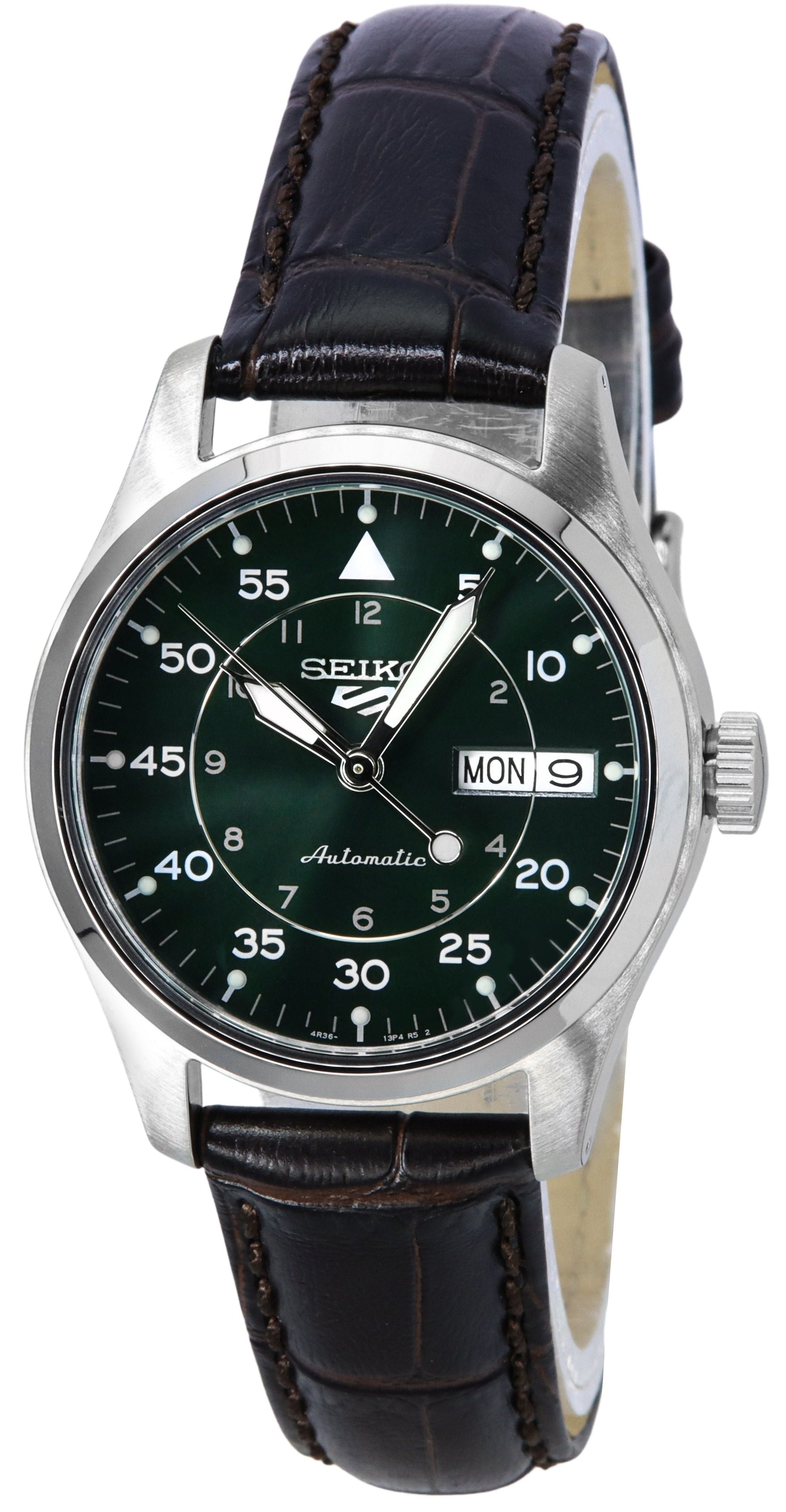 Seiko 5 Sports GMT Kelly Green Flieger Suit Style Leather Strap Automatic SRPJ89K1 100M Men's Watch - Prestige Stones
