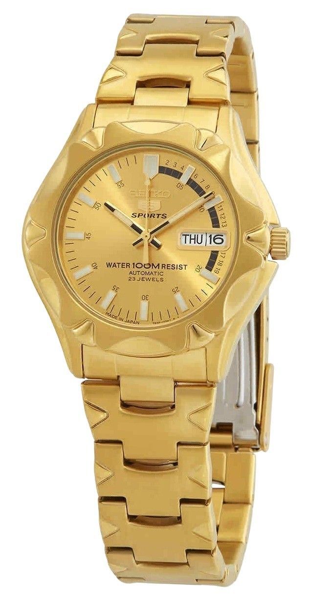 Seiko 5 Sports Gold Tone Stainless Steel Gold Dial 23 Jewels Automatic SNZ450J1 100M Men's Watch - Prestige Stones