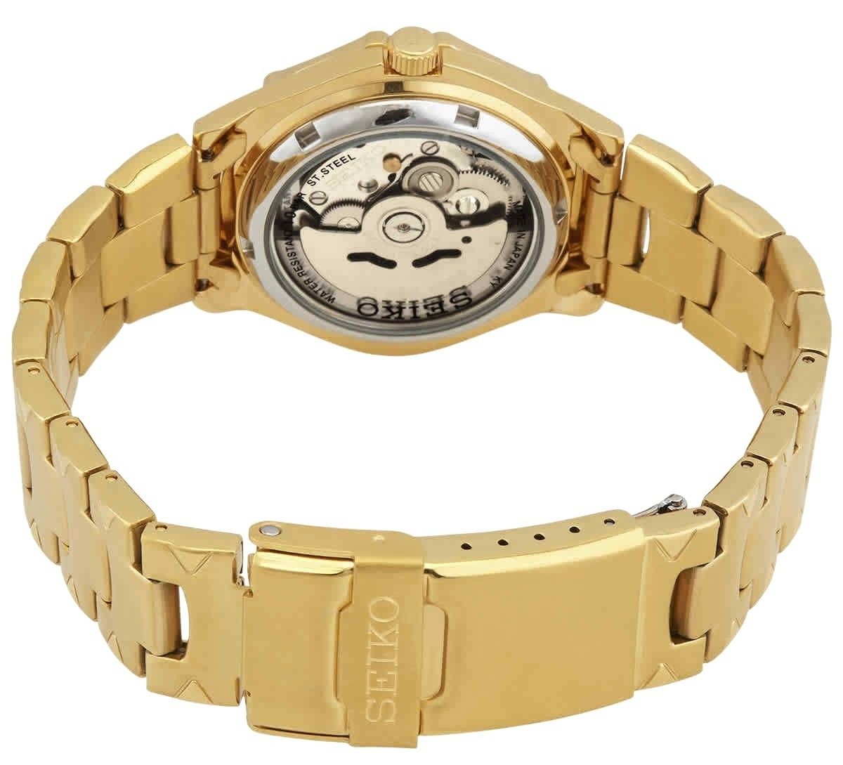 Seiko 5 Sports Gold Tone Stainless Steel Gold Dial 23 Jewels Automatic SNZ450J1 100M Men's Watch - Prestige Stones