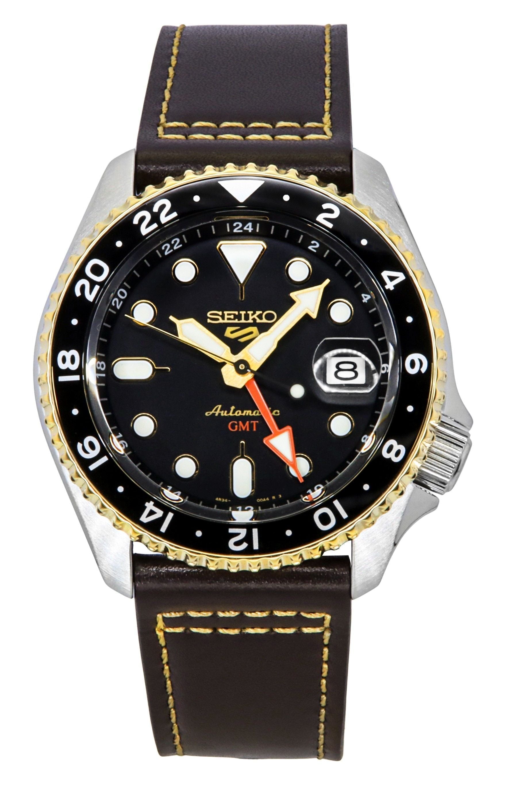 Seiko 5 Sports SKX GMT Leather Strap Black Dial Automatic SSK036K1 100M Men's Watch - Prestige Stones