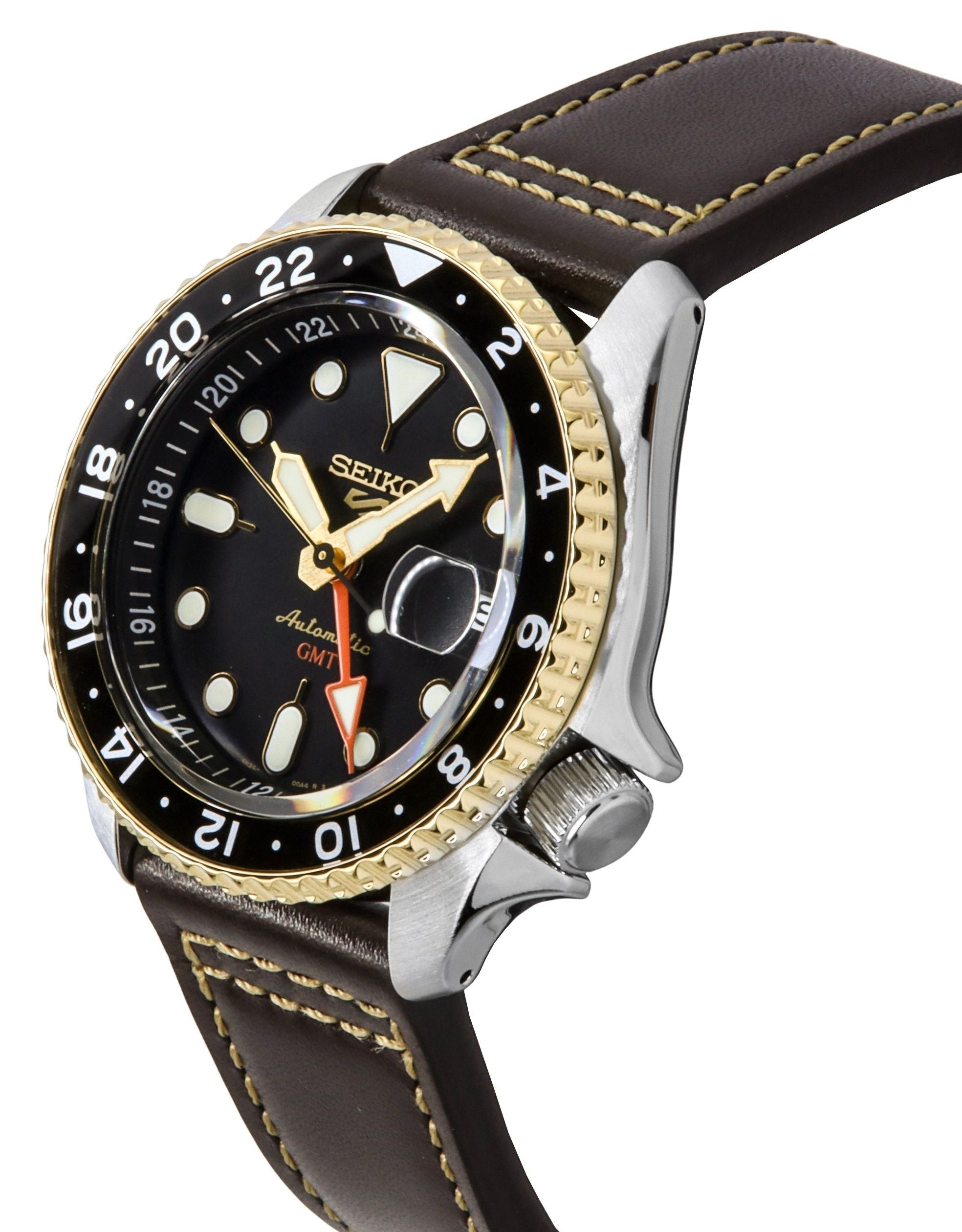 Seiko 5 Sports SKX GMT Leather Strap Black Dial Automatic SSK036K1 100M Men's Watch - Prestige Stones