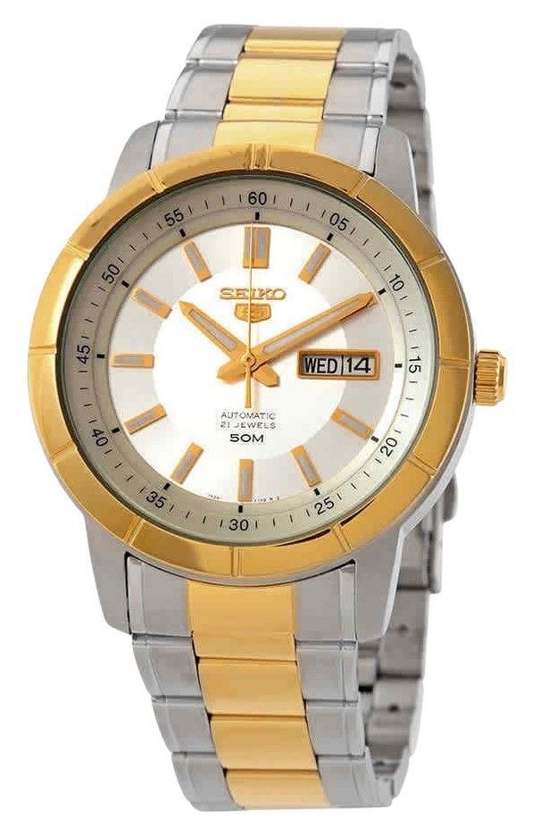 Seiko 5 Two Tone Stainless Steel Silver Dial 21 Jewels Automatic SNKN58K1 Men's Watch - Prestige Stones