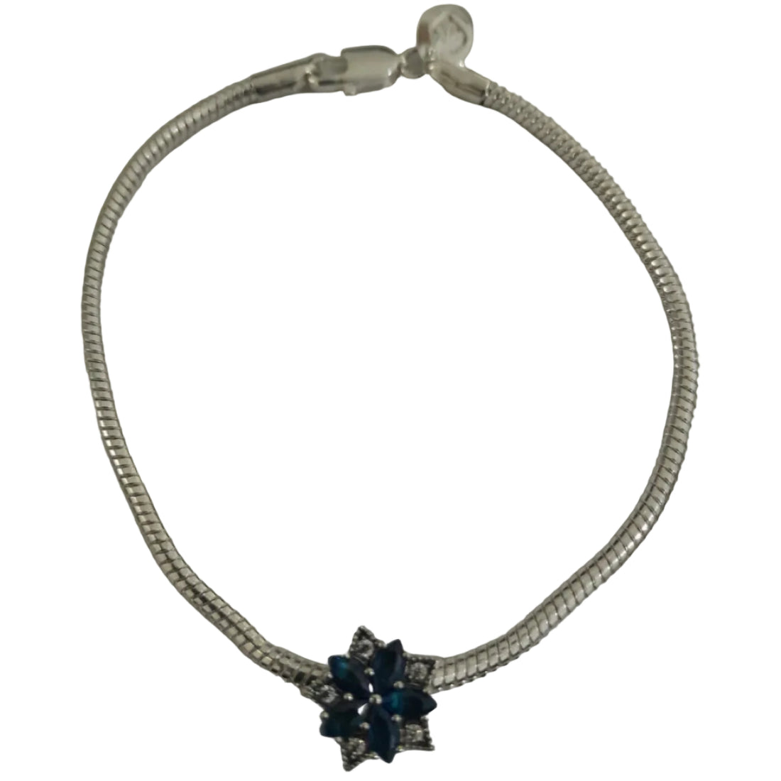 Silver-plated snake-chain bracelet with deep blue marquise crystals floral charm and clear pavé accents