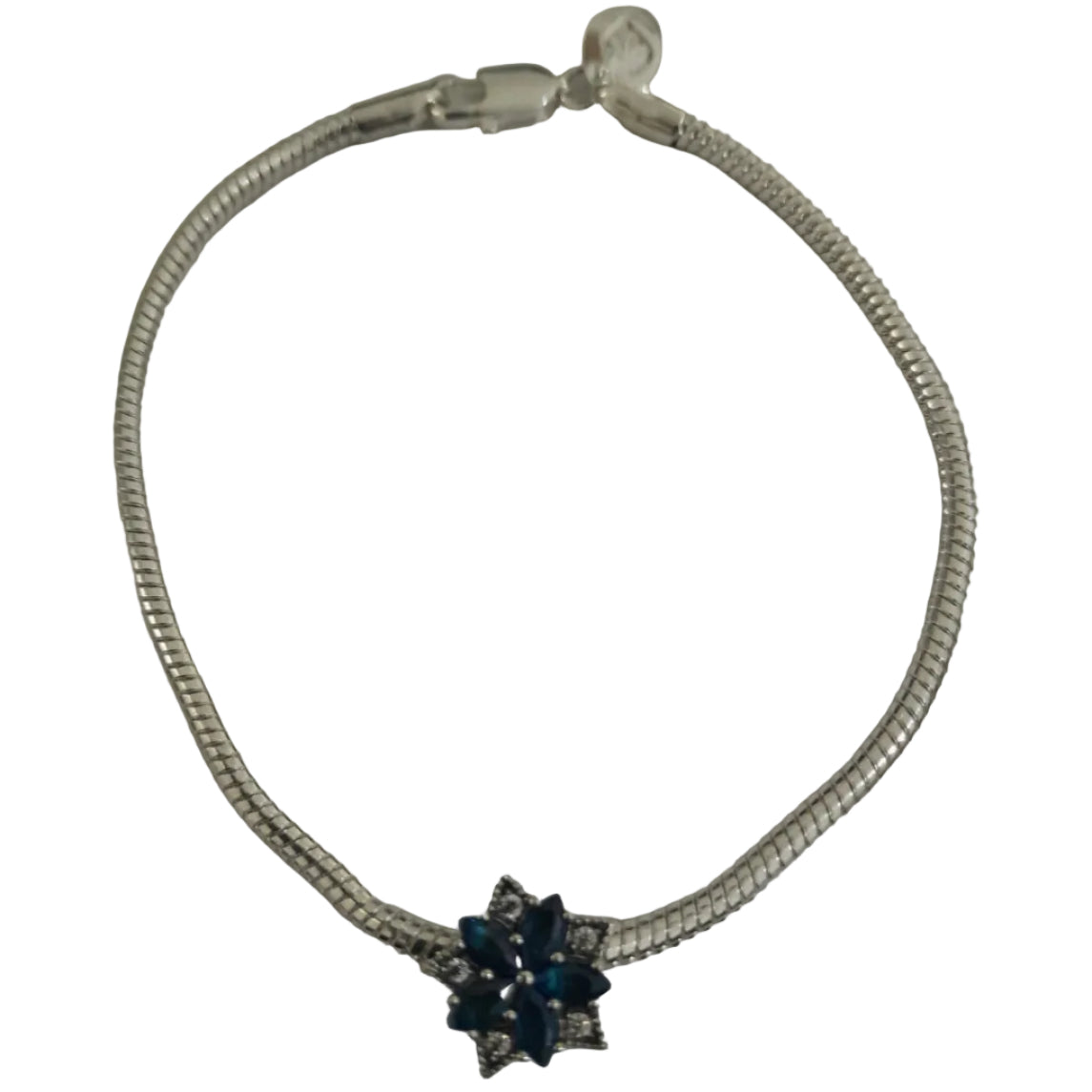 Silver-plated snake-chain bracelet with deep blue marquise crystals floral charm and clear pavé accents
