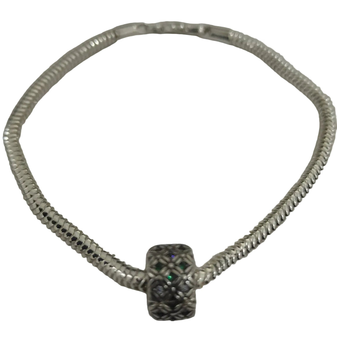 Silver-plated snake chain bracelet with filigree floral charm, green and clear crystal accents, lobster clasp, elegant everyday wear