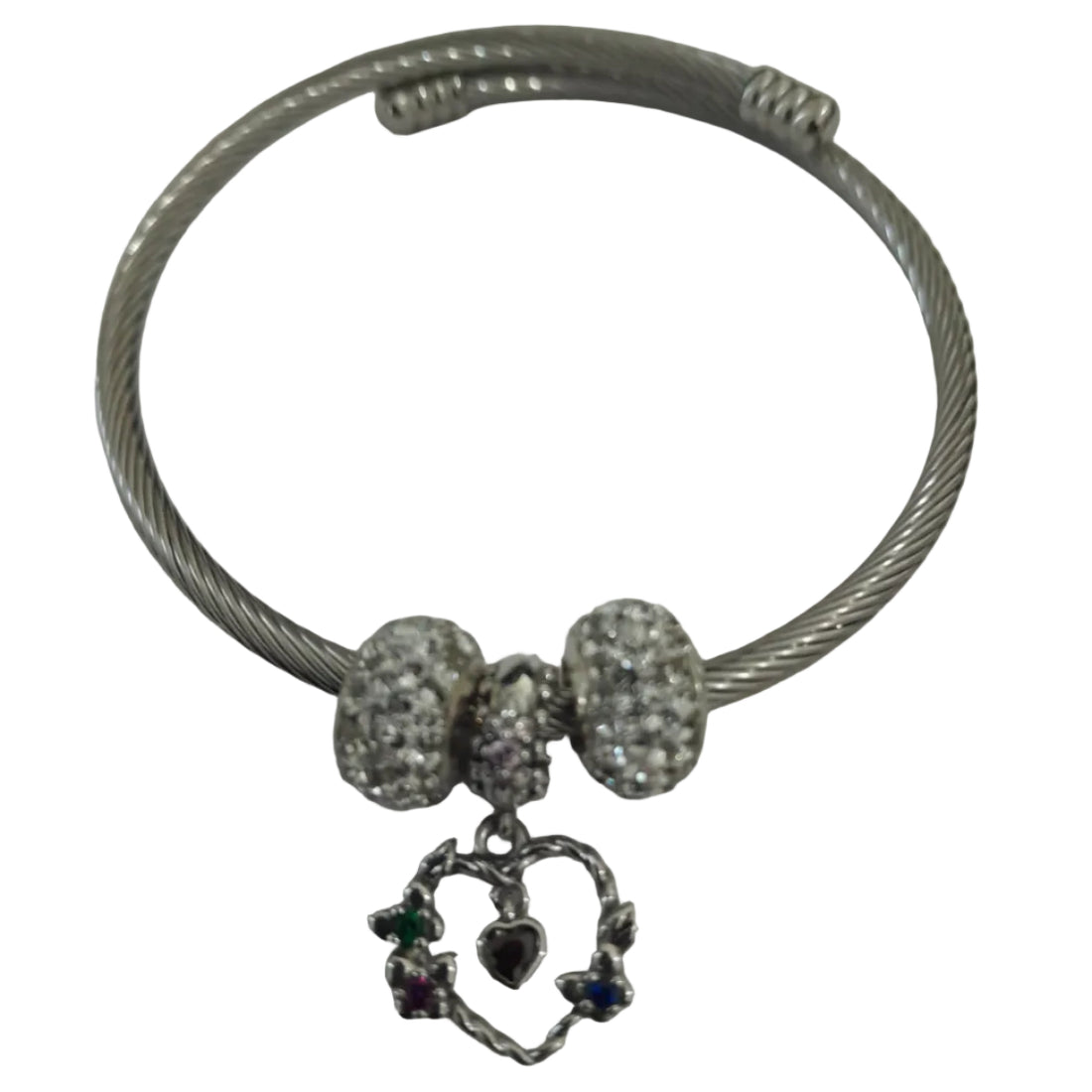 Essentials silver-tone twisted cable bangle with multicolour heart charm and pavé crystal beads