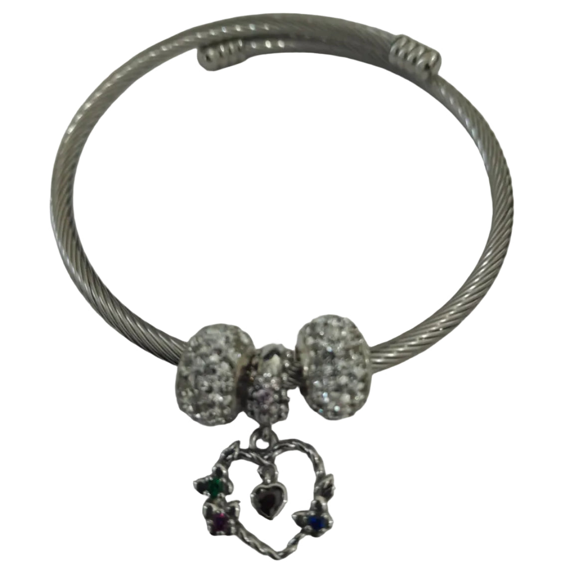 Essentials silver-tone twisted cable bangle with multicolour heart charm and pavé crystal beads