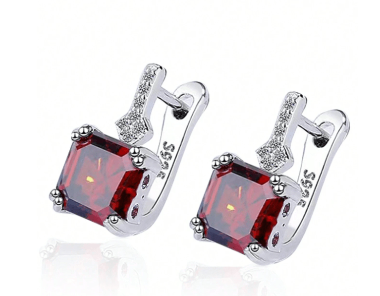 Square cubic zirconia drop earrings in red – geometric modern design, lightweight and stylish for daily or evening wear